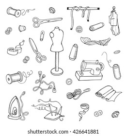 Hand drawn tailor tools. Doodle icons set.