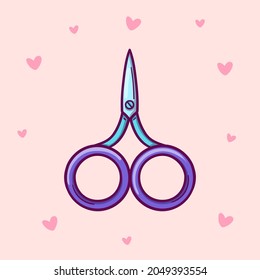 Hand drawn tailor trimming scissors with round handles on pink background with hearts