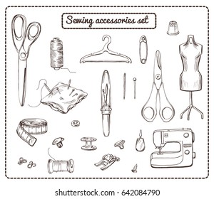 Hand drawn tailoring elements collection with sewing equipment accessories and tools in monochrome style isolated vector illustration