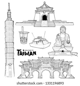 hand drawn of Taiwan Attraction Set, famous architecture and landmark isolated on white background