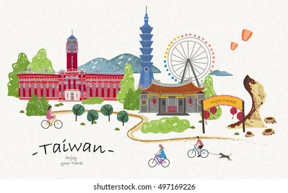 Hand drawn taiwan travel poster, lovely attractions for your trip.