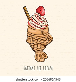 Hand drawn taiyaki ice cream, Japanese dessert, bungeoppang ice cream..