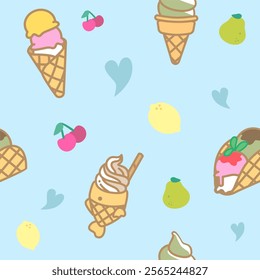 hand drawn taiyaki and ice cream cone seamless pattern background