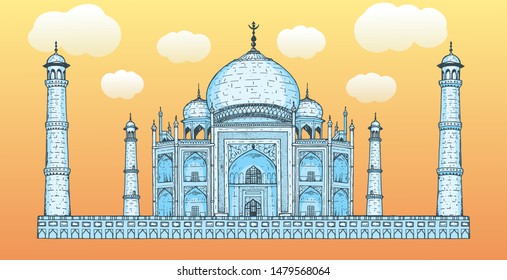 Hand drawn Taj Mahal vector illustration. Taj Mahal colourful design. Ancient palace in India.