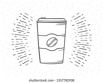 Hand drawn take away coffee cup on retro background with sunburst, vector eps10 illustration