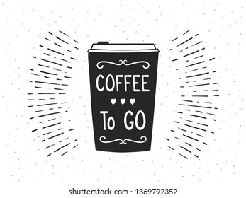 Hand drawn take away coffee cup on retro background with sunburst, vector eps10 illustration