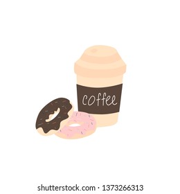 Hand drawn take away coffee cup and donuts