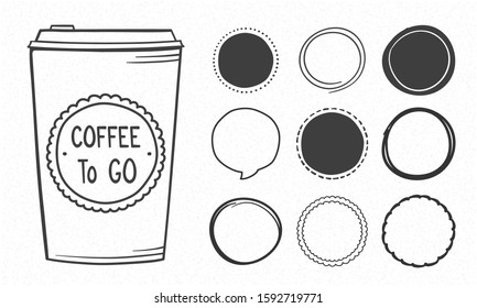Hand drawn take away coffee cup and set of doodle circles, vector eps10 illustration