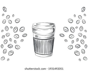 Hand drawn take away coffee cup with  beans. Take away coffee cup with  beans drawn in its two sides Hand drawing. coffee to go cup illustration with coffee beans aside. Vector doodles art.