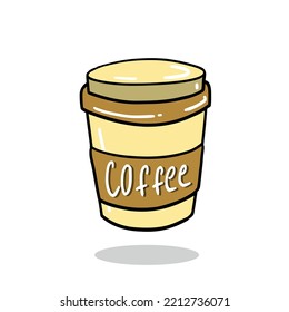 Hand drawn take away coffee cup on white background. Vintage hand drawing take away coffee cup. Coffee to go cup.  Vector design for cafe interior decoration. Retro doodle vector design element.