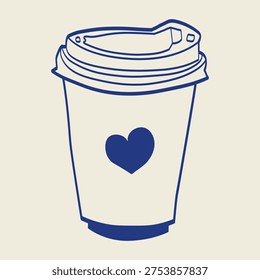 Hand drawn takeaway coffee cup vector illustration in Mediterranean style. Minimal line art coffee to go icon for cafe branding, street coffee shops, beverage menus and barista graphics.