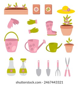 Hand drawn taking care of flowers and seedlings clipart collection. Summer gardening tools and workwear flat set. Vector illustration isolated on white background.


