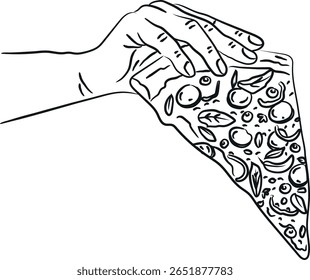 Mão desenhada de uma mão levando pizza fatia esboço desenho. Ilustração vetorial