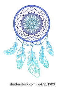Hand drawn talisman dream catcher with mandala and feathers, Ethnic boho design element vector isolated on white