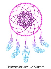 Hand drawn talisman dream catcher with mandala and feathers, Ethnic boho design element vector isolated on white svg