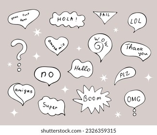 Hand drawn talking balloons with handwritten text. Speech bubble vector doodles. Set of speech and thought communication bubbles. 