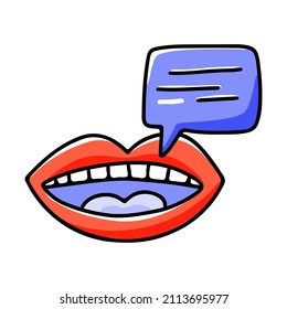 Hand drawn talking mouth. Vector doodle illustration with lips and message