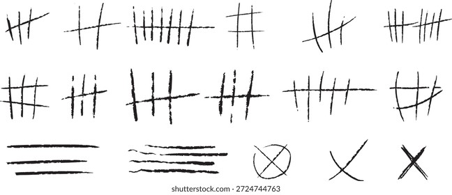 "Marcas de recuento dibujadas a mano y símbolos de recuento aproximado aislados sobre fondo blanco. Las líneas de golpe incompletas y las marcas cruzadas crean un aspecto crudo hecho a mano. Ideal para infografías, notas, carteles y conceptos de diseño".