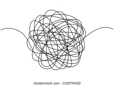 Hand drawn tangle scrawl sketch or black line spherical ball abstract scribble shape. Vector tangled chaotic doodle circle drawing circles or thread clew knot isolated on white background