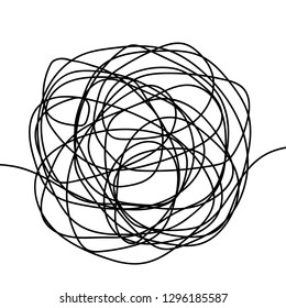 Hand drawn tangle scrawl sketch or black line spherical abstract scribble shape. Vector tangled chaotic doodle circle drawing circles or thread clew knot isolated