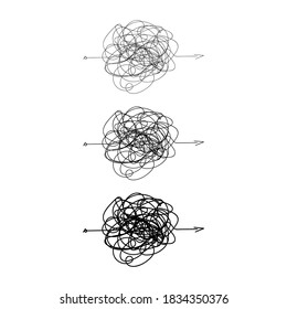 Esbozo de garrapata enmarañado dibujado a mano o forma de garrapata abstracta esférica de línea negra. El vector enreda los círculos caóticos de dibujo del doodle o el nudo de trineo de hilo aislado en el fondo blanco.
