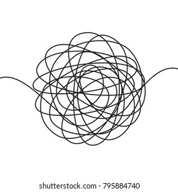 Hand Drawn Tangle Scrawl Sketch Or Black Line Spherical Abstract Scribble Shape. Vector Tangled Chaotic Doodle Circle Drawing Circles Or Thread Clew Knot Isolated On White Background