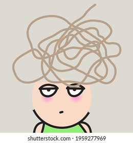 Hand Drawn Tangle Of Tangled Thread Or Chaotic Line On Tired Girl's Head. Complication, Problem, Difficult Situation Solving, Metaphors of Depression Concept Card Character illustration