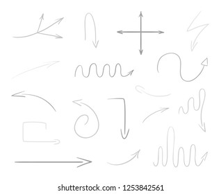 Hand drawn tangled abstract arrows on isolated white background. Line art. Set of different pointers. Black and white illustration. Doodles for artwork