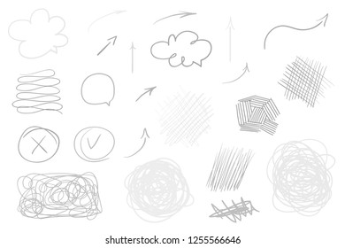 Hand drawn tangled abstract arrows on isolated white background. Line art. Set of different pointers. Black and white illustration. Doodles for artwork