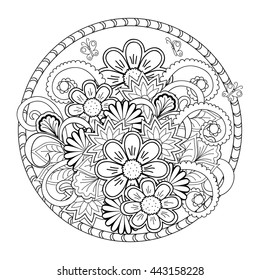 Hand drawn tangled flowers in the mandala. Image for decorate plates, porcelain, ceramics, crockery. eps 10