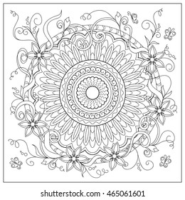 Hand drawn tangled flowers and mandala in the circle. Image for adult coloring books,  decorate plates, porcelain, ceramics, crockery. eps 10