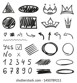 Hand drawn tangled geometric shapes on white. Background with array of lines. Simple shapes and signs. Art creation. Black and white illustration. Doodles for poster or flyer