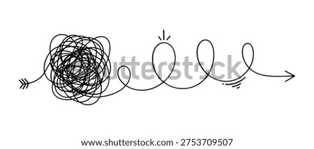 Hand drawn tangled line messy arrow showing simple path solution concept