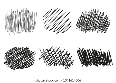 Hand drawn tangled shapes on white. Abstract backgrounds with array of lines. Stroke chaotic patterns. Black and white illustration. Sketchy elements for design