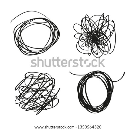 Hand drawn tangled shapes on white. Abstract backgrounds with array of lines. Stroke chaotic patterns. Black and white illustration. Sketchy elements for design