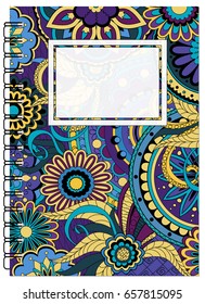Hand drawn tangled zen pattern with mandalas and flowers for decorate book, notebook, case, stationery. Mock up of the notebook. A5 template. EPS 10.
