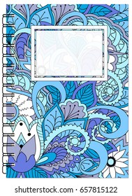 Hand drawn tangled zen pattern with mandalas and flowers for decorate book, notebook, case, stationery. Mock up of the notebook. A5 template. EPS 10.