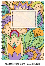 Hand drawn tangled zen pattern with mandalas and flowers for decorate book, notebook, case, stationery. Mock up of the notebook. A5 template. EPS 10.