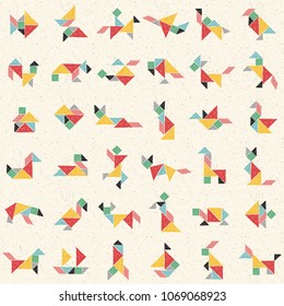 Hand drawn tangram set in vector. Collection of composite figures: bear, cat, turtle, dog, bird, heart, rabbit. Childish colorful seamless pattern. Geometric background. Chinese puzzle game for kids 