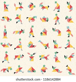 Hand drawn tangram set in vector. Collection of composite figures: human, rhinoceros, cat, turtle, horse, teapot. Childish colorful seamless pattern. Geometric background. Chinese puzzle game for kids