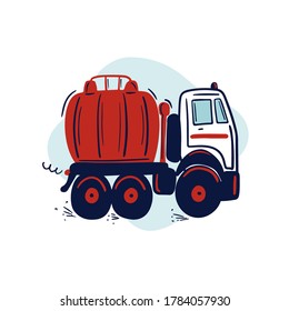 Handgezeichneter Tankwagen. Roter Wasserträger. Cute Kids, Vektorgrafik.