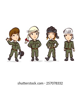 Hand drawn tank crew. Four girls in uniform. Cartoon vector illustration.