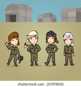 Hand drawn tank crew. Four girls in uniform. Cartoon vector illustration.