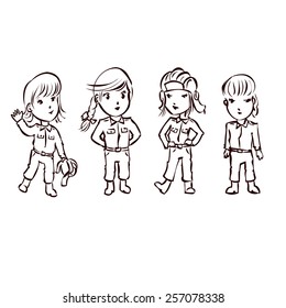Hand drawn tank crew. Four girls in uniform. Cartoon vector illustration.