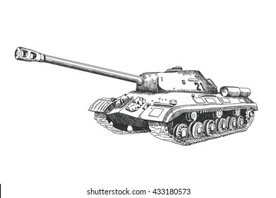 Hand Drawn Tank. Military Machine. World War Tank. Vector Illustration Isolated On White Background.