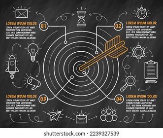 Hand drawn target with arrow in center and business icons around. Infographic template on blackboard. Vector illustration.