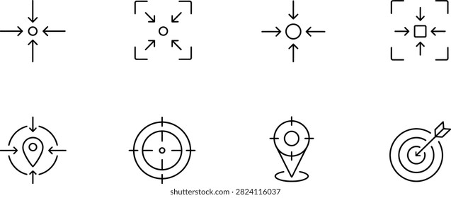 Hand drawn target and focus icon set with arrows and location marker sketch illustrations