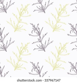 Hand drawn tarragon branch stylized black and green tline seamless pattern. Doodle drawing spicy herbs. Kitchen background. Hand drawn seasoning. Vector illustration