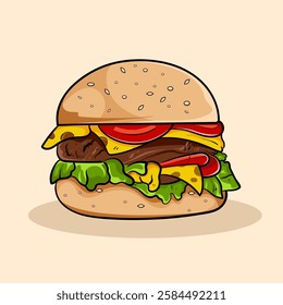 Hand drawn tasty burger fast food or hamburger and cheesburger With bacon, cheese, salad, tomatoes, cucumbera for ealthy restaurant menu isolated elements.