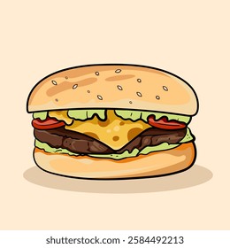 Hand drawn tasty burger fast food or hamburger and cheesburger With bacon, cheese, salad, tomatoes, cucumbera for ealthy restaurant menu isolated elements.